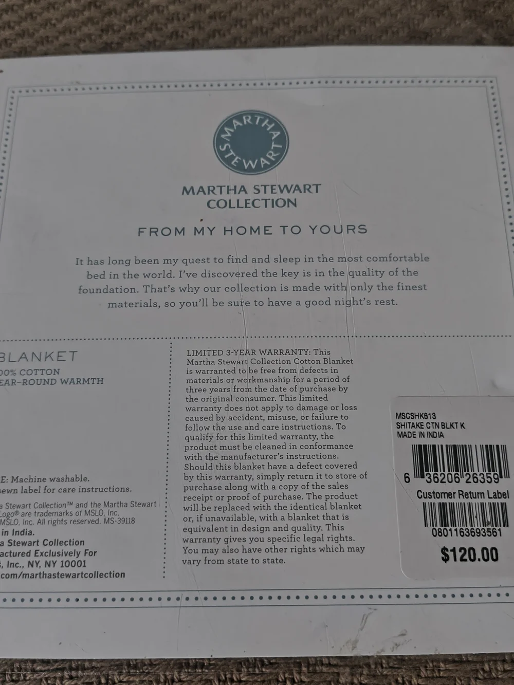 Martha Stewart 100% Cotton Basketweave Blanket King Unused, Shitake Color